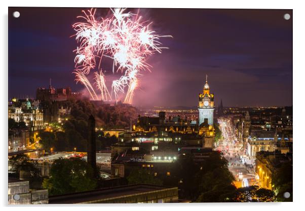 Edinburgh Cityscape with fireworks Acrylic by Andrea Obzerova
