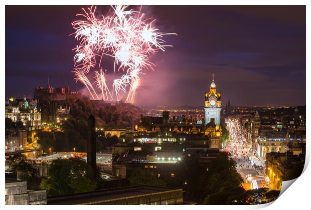 Edinburgh Cityscape with fireworks Print by Andrea Obzerova