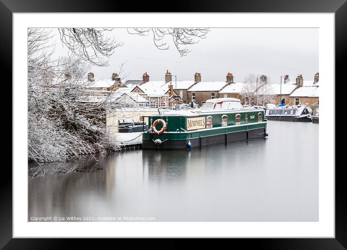 Narrowboat in Winter Framed Mounted Print by Liz Withey