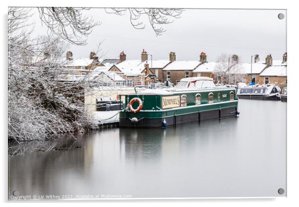 Narrowboat in Winter Acrylic by Liz Withey