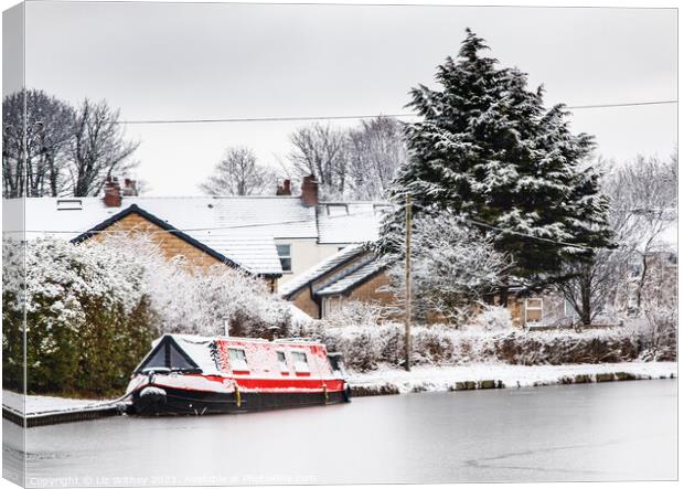 Red Narrowboat, Winter Canvas Print by Liz Withey