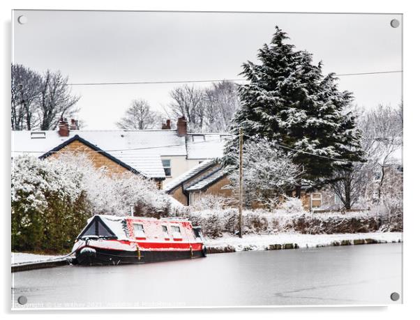 Red Narrowboat, Winter Acrylic by Liz Withey