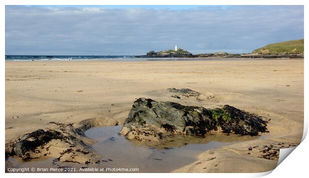 Hayle Gwithian beach and Godrevy Lighthouse Print by Brian Pierce