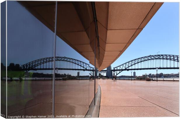 Reflection Sydney Harbour Bridge in Opera House Wi Canvas Print by Stephen Hamer