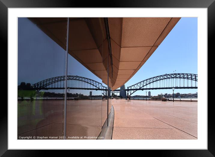 Reflection Sydney Harbour Bridge in Opera House Wi Framed Mounted Print by Stephen Hamer