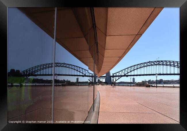 Reflection Sydney Harbour Bridge in Opera House Wi Framed Print by Stephen Hamer