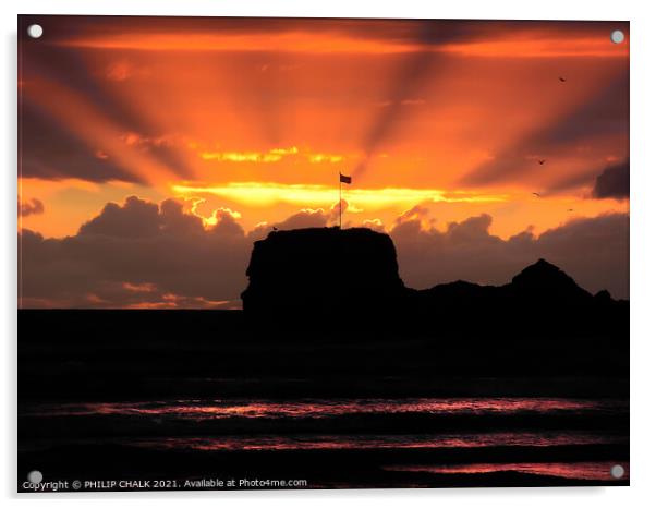 Proper sunset on Perranporth beach Cornwall 141  Acrylic by PHILIP CHALK
