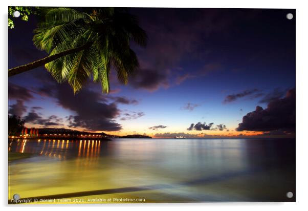 Evening twilight from beach at Almond Morgan Bay resort, near Castries, St Lucia, Caribbean Acrylic by Geraint Tellem ARPS