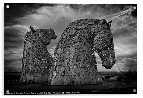 The Kelpies in Monochrome Scotland  Acrylic by Lady Debra Bowers L.R.P.S