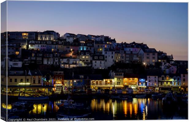 Houses and Businesses Brixham Harbour Devon at twi Canvas Print by Paul Chambers