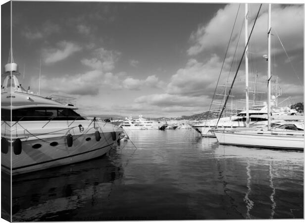 Monochrome One of the marinas in Cannes Canvas Print by Ann Biddlecombe