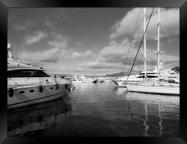 Monochrome One of the marinas in Cannes Framed Print by Ann Biddlecombe