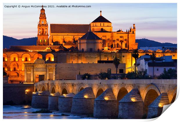 Cordoba Cathedral Mosque and Roman Bridge at dusk Print by Angus McComiskey
