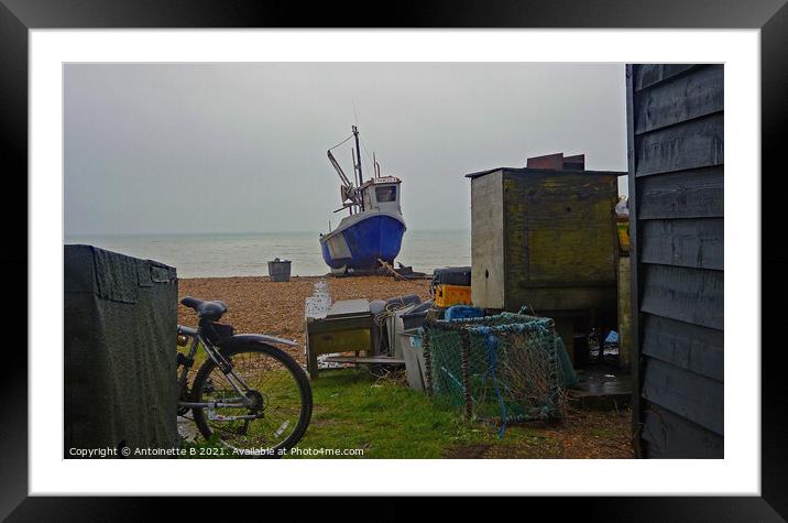 Fishing boat at Hythe Fisherman's Beach in Kent  Framed Mounted Print by Antoinette B