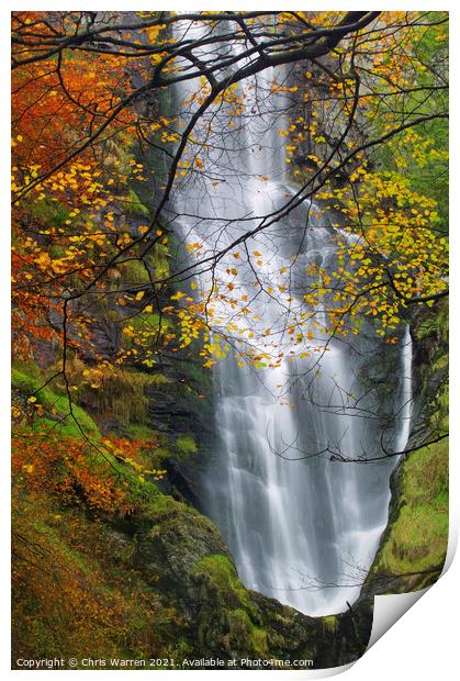 Pistyll Rhaeadr Waterfalls in autumn Print by Chris Warren