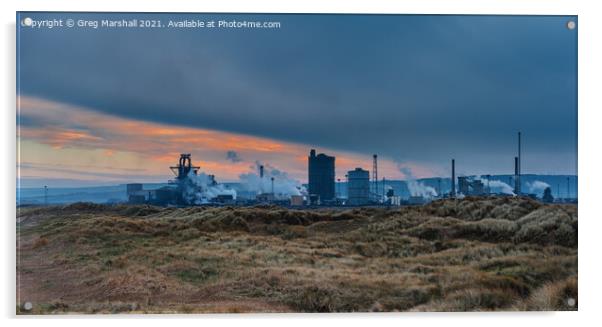Redcar Steelworks at sunset.  Acrylic by Greg Marshall