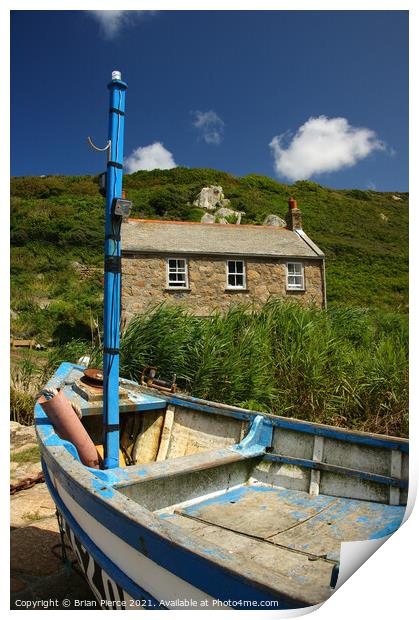Boat and Fishermans Cottage, Penberth, Cornwall Print by Brian Pierce