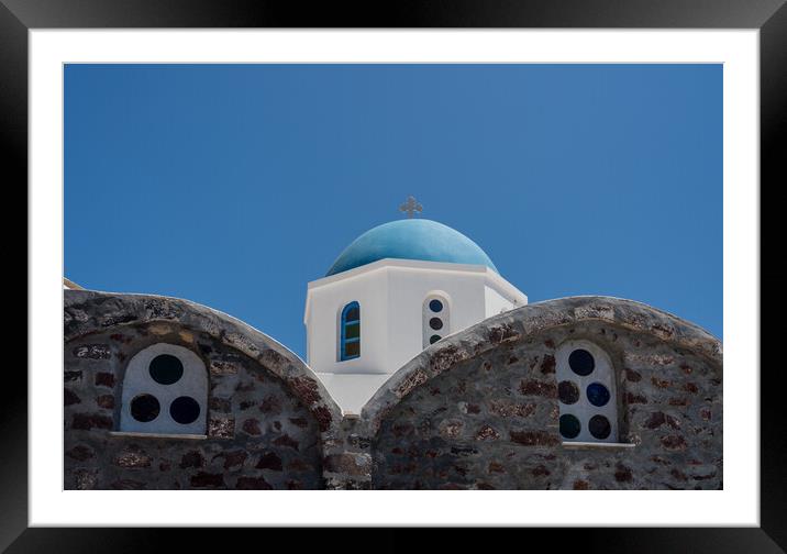 Belltower and bells on Greek Orthodox church in Oia Framed Mounted Print by Steve Heap