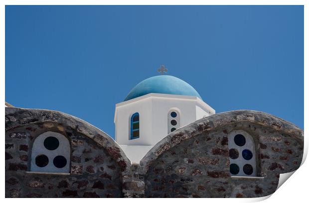 Belltower and bells on Greek Orthodox church in Oia Print by Steve Heap