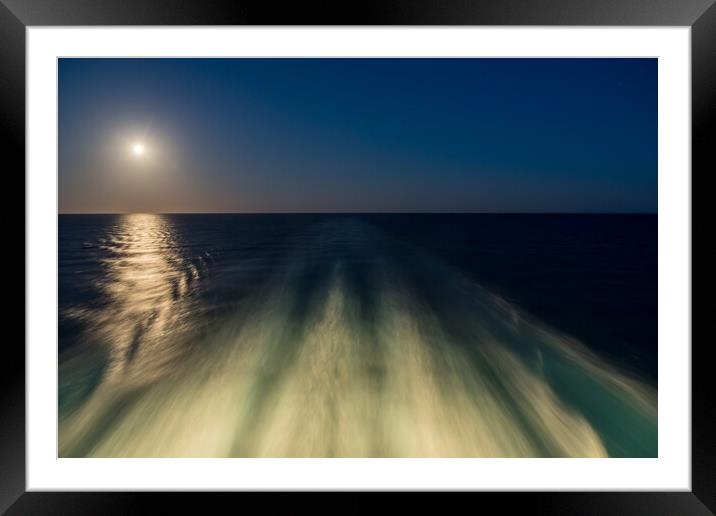 Moon over the wake of cruise ship travelling at speed Framed Mounted Print by Steve Heap