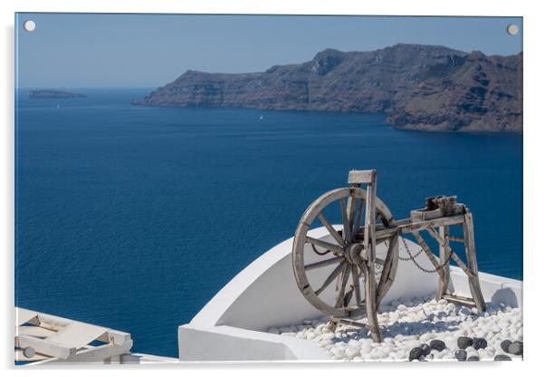 Spinning wheel over ocean on Santorini Acrylic by Steve Heap