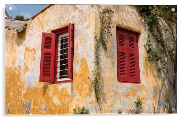 Red shutters on window in ancient district of Anafiotika in Athe Acrylic by Steve Heap