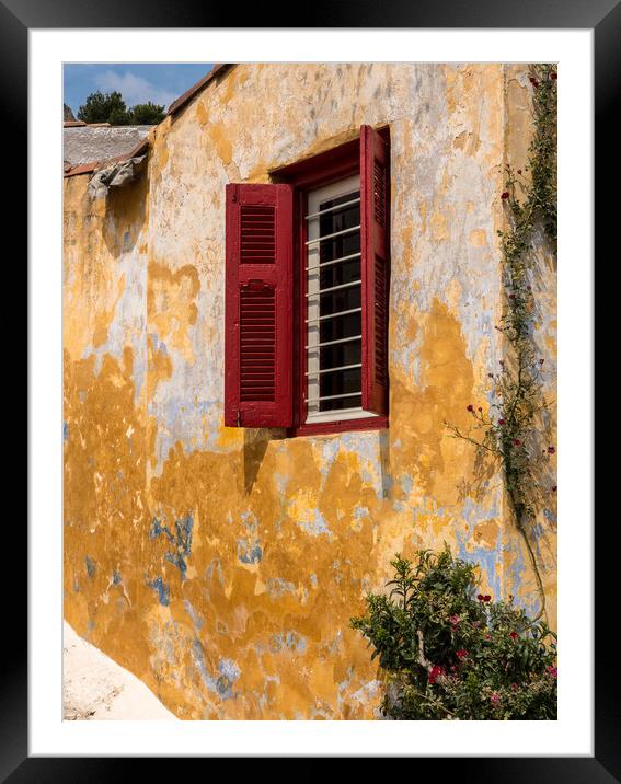 Red shutters on window in ancient district of Anafiotika in Athe Framed Mounted Print by Steve Heap