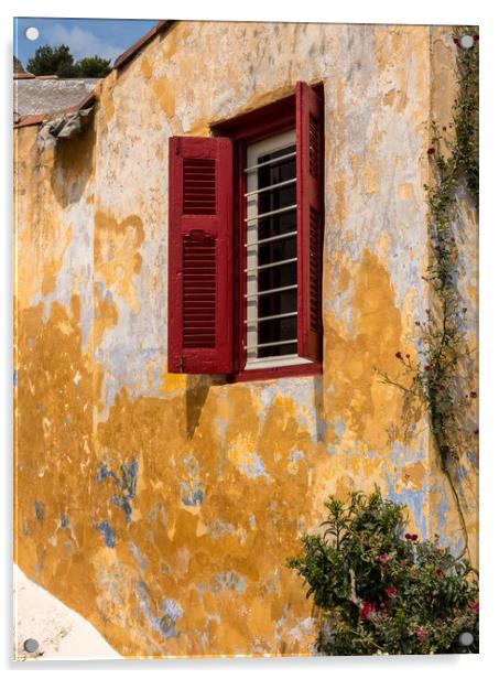 Red shutters on window in ancient district of Anafiotika in Athe Acrylic by Steve Heap