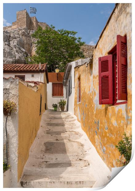 Narrow street in ancient residential district of Anafiotika in A Print by Steve Heap