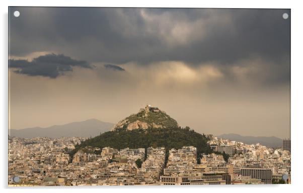 Lycabettus hill rises above Athens on stormy day Acrylic by Steve Heap
