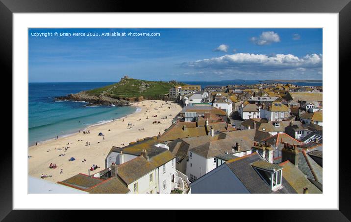 St Ives, Rooftops, Porthmeor Beach and the Island Framed Mounted Print by Brian Pierce