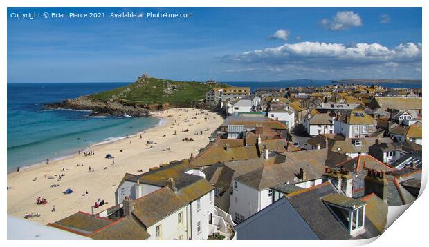 St Ives, Rooftops, Porthmeor Beach and the Island Print by Brian Pierce
