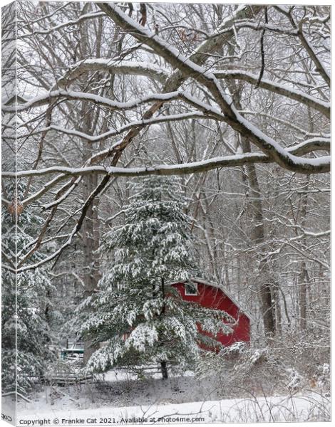 Snowy Red Barn Canvas Print by Frankie Cat