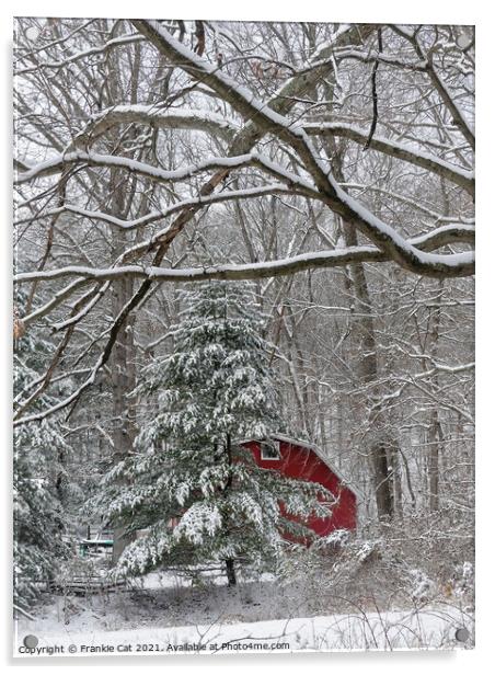 Snowy Red Barn Acrylic by Frankie Cat