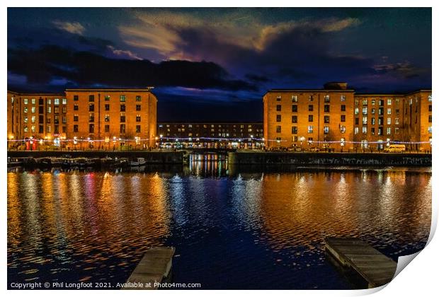 Salthouse Dock Liverpool after sunset Print by Phil Longfoot