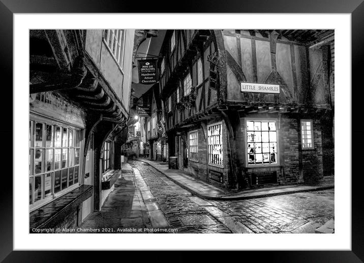 Buy Framed Mounted Prints of York Shambles in Black and White by Alison Chambers