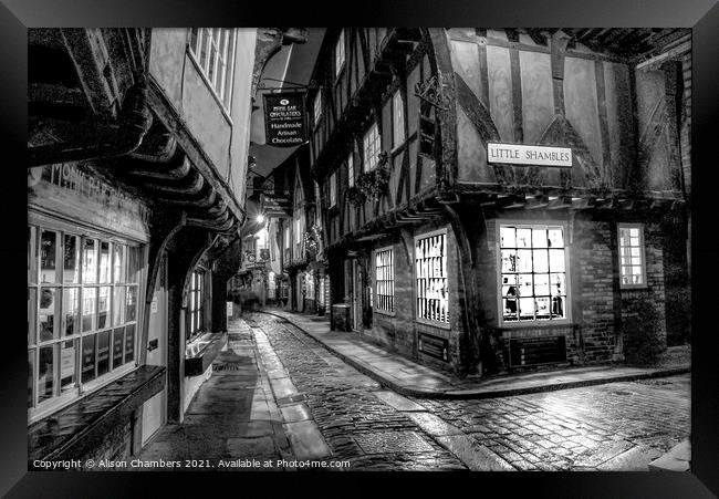 York Shambles in Black and White Framed Print by Alison Chambers