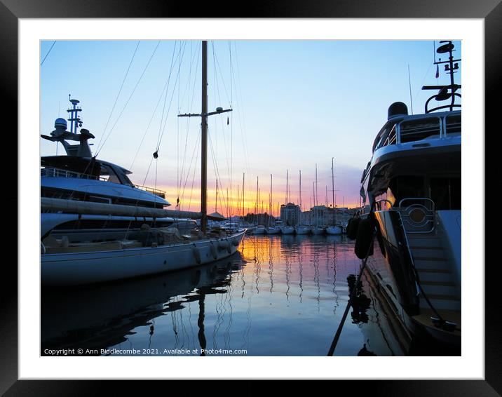  Sunset behind the boats in Cannes Framed Mounted Print by Ann Biddlecombe