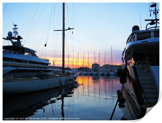  Sunset behind the boats in Cannes Print by Ann Biddlecombe