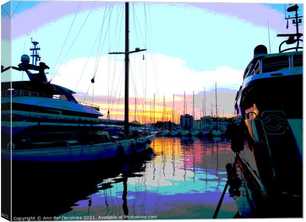 A posterized sunset behind the boats in Cannes Canvas Print by Ann Biddlecombe