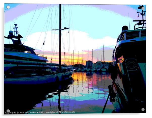 A posterized sunset behind the boats in Cannes Acrylic by Ann Biddlecombe