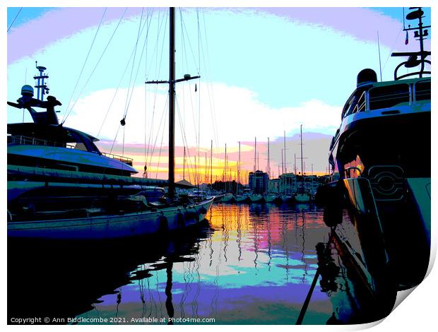 A posterized sunset behind the boats in Cannes Print by Ann Biddlecombe
