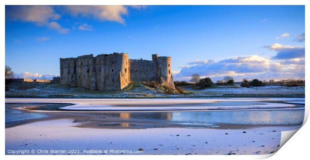 Winter snow at Carew Castle Pembrokeshire Print by Chris Warren