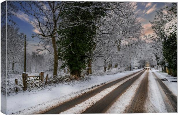 The Eversley Snow Road  Canvas Print by Dave Williams