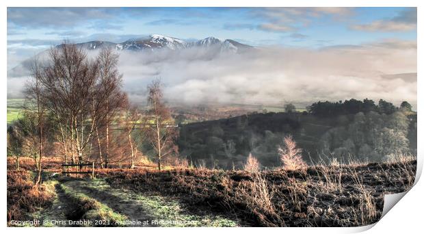A snow capped Skiddaw from Grisedale Pike Print by Chris Drabble