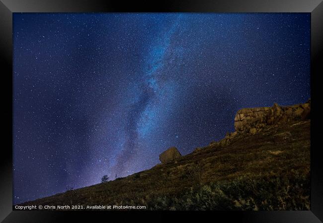 Milky Way over the Cow and Calf rocks, Ilkley. Framed Print by Chris North