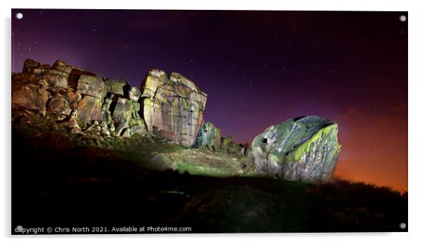 Last light  at the cow and calf rocks, Ilkley, Yorkshire. Acrylic by Chris North