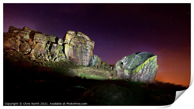 Last light  at the cow and calf rocks, Ilkley, Yorkshire. Print by Chris North