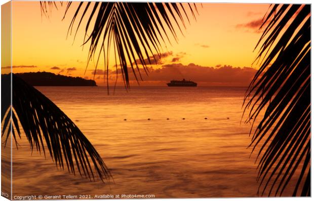 The Queen Mary II anchored off Castreis at sunset from Almond Morgan Bay, St Lucia, Caribbean Canvas Print by Geraint Tellem ARPS