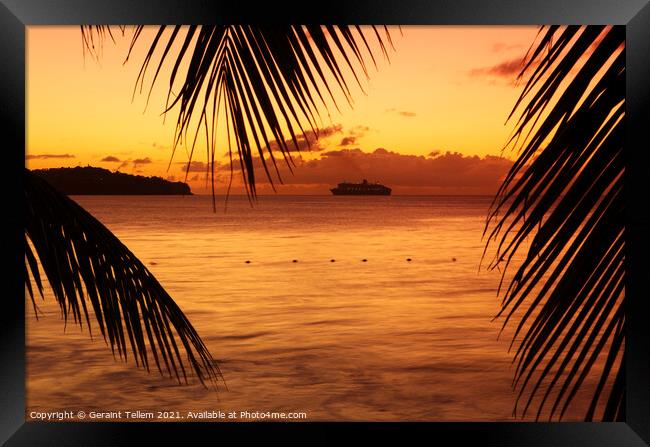The Queen Mary II anchored off Castreis at sunset from Almond Morgan Bay, St Lucia, Caribbean Framed Print by Geraint Tellem ARPS